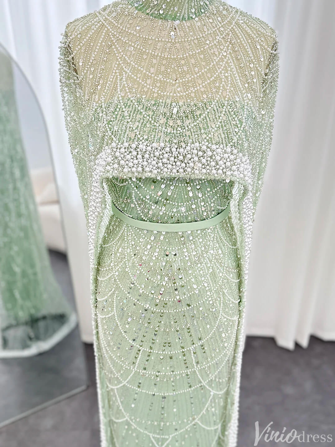 2 in 1 Beaded 20s Evening Gowns Gatsby Wedding Guest Dresses with Cape 20201-Evening Dresses 2025 -Viniodress-Sage-US 2-