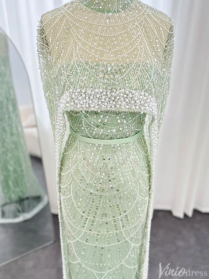 2 in 1 Beaded 20s Evening Gowns Gatsby Wedding Guest Dresses with Cape 20201-Evening Dresses 2025 -Viniodress-Sage-US 2-