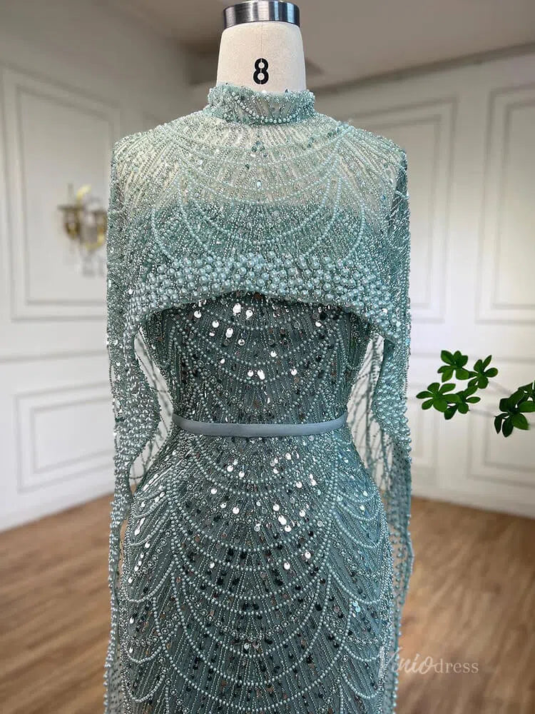 2 in 1 Beaded 20s Evening Gowns Gatsby Wedding Guest Dresses with Cape 20201-Evening Dresses 2025 -Viniodress-Sage-US 2-