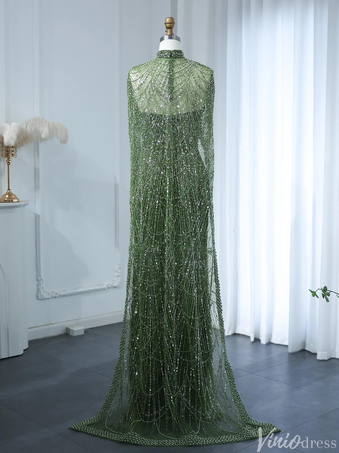 2 in 1 Beaded 20s Evening Gowns Gatsby Wedding Guest Dresses with Cape 20201-Evening Dresses 2025 -Viniodress-Sage-US 2-