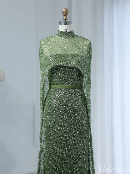 2 in 1 Beaded 20s Evening Gowns Gatsby Wedding Guest Dresses with Cape 20201-Evening Dresses 2025 -Viniodress-Sage-US 2-