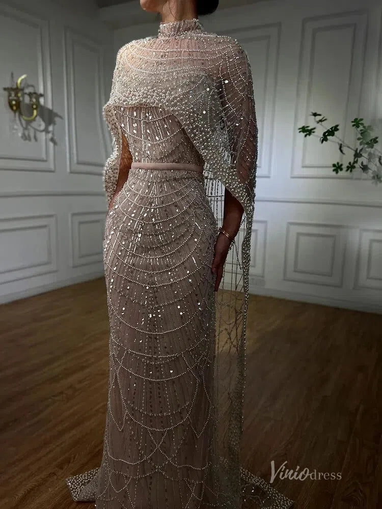 2 in 1 Beaded 20s Evening Gowns Gatsby Wedding Guest Dresses with Cape 20201-Evening Dresses 2025 -Viniodress-Sage-US 2-