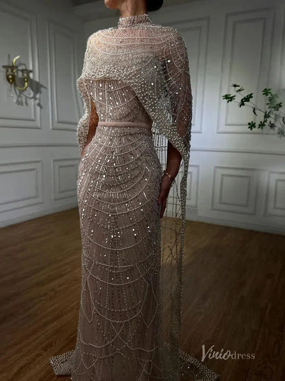 2 in 1 Beaded 20s Evening Gowns Gatsby Wedding Guest Dresses with Cape 20201-Evening Dresses 2025 -Viniodress-Sage-US 2-