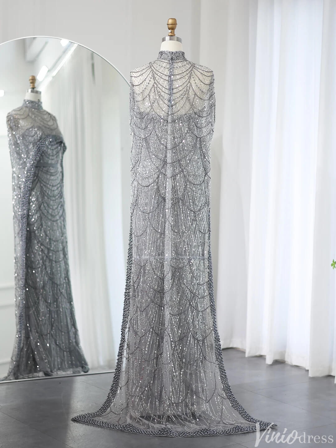 2 in 1 Beaded 20s Evening Gowns Gatsby Wedding Guest Dresses with Cape 20201-Evening Dresses 2025 -Viniodress-Sage-US 2-