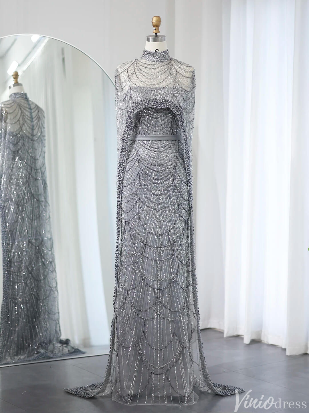 2 in 1 Beaded 20s Evening Gowns Gatsby Wedding Guest Dresses with Cape 20201-Evening Dresses 2025 -Viniodress-Sage-US 2-