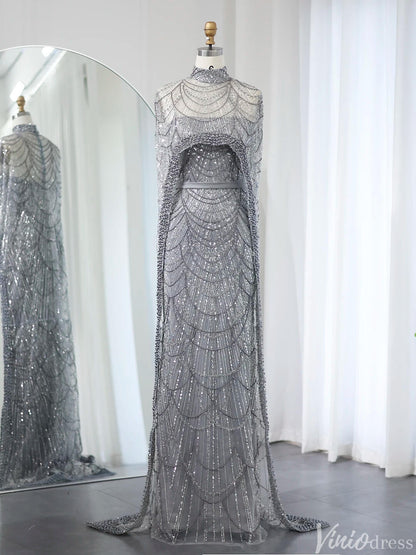 2 in 1 Beaded 20s Evening Gowns Gatsby Wedding Guest Dresses with Cape 20201-Evening Dresses 2025 -Viniodress-Sage-US 2-