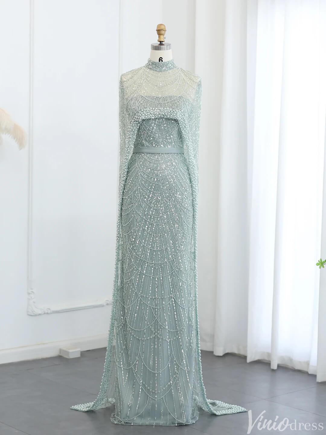 2 in 1 Beaded 20s Evening Gowns Gatsby Wedding Guest Dresses with Cape 20201-Evening Dresses 2025 -Viniodress-Sage-US 2-