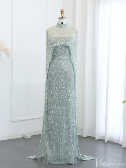 2 in 1 Beaded 20s Evening Gowns Gatsby Wedding Guest Dresses with Cape 20201-Evening Dresses 2025 -Viniodress-Sage-US 2-