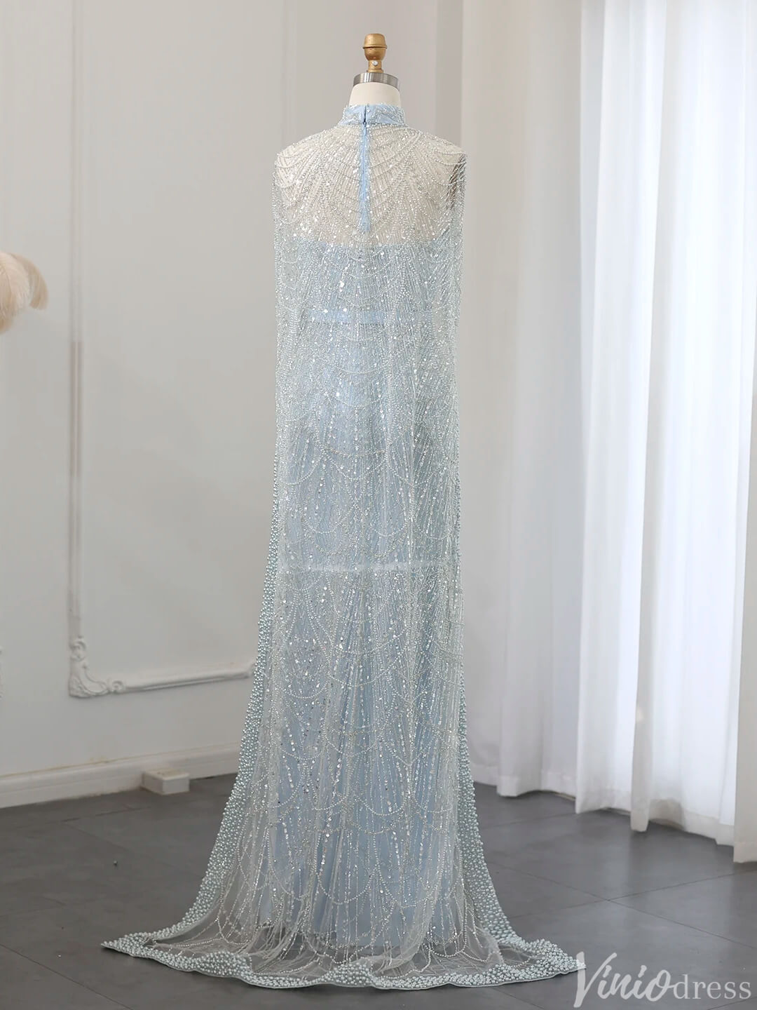 2 in 1 Beaded 20s Evening Gowns Gatsby Wedding Guest Dresses with Cape 20201-Evening Dresses 2025 -Viniodress-Sage-US 2-