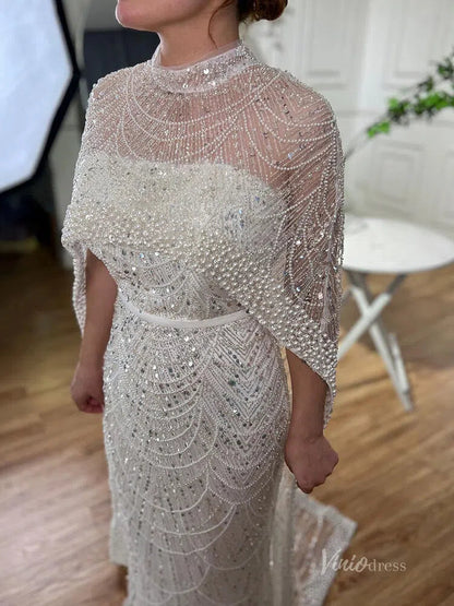 2 in 1 Beaded 20s Evening Gowns Gatsby Wedding Guest Dresses with Cape 20201-Evening Dresses 2025 -Viniodress-Sage-US 2-