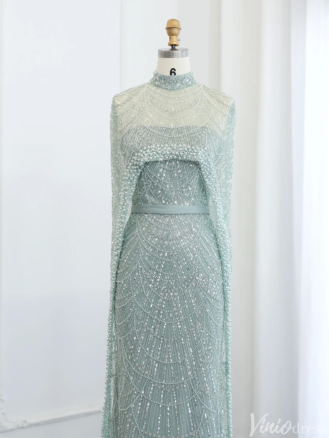 2 in 1 Beaded 20s Evening Gowns Gatsby Wedding Guest Dresses with Cape 20201-Evening Dresses 2025 -Viniodress-Sage-US 2-