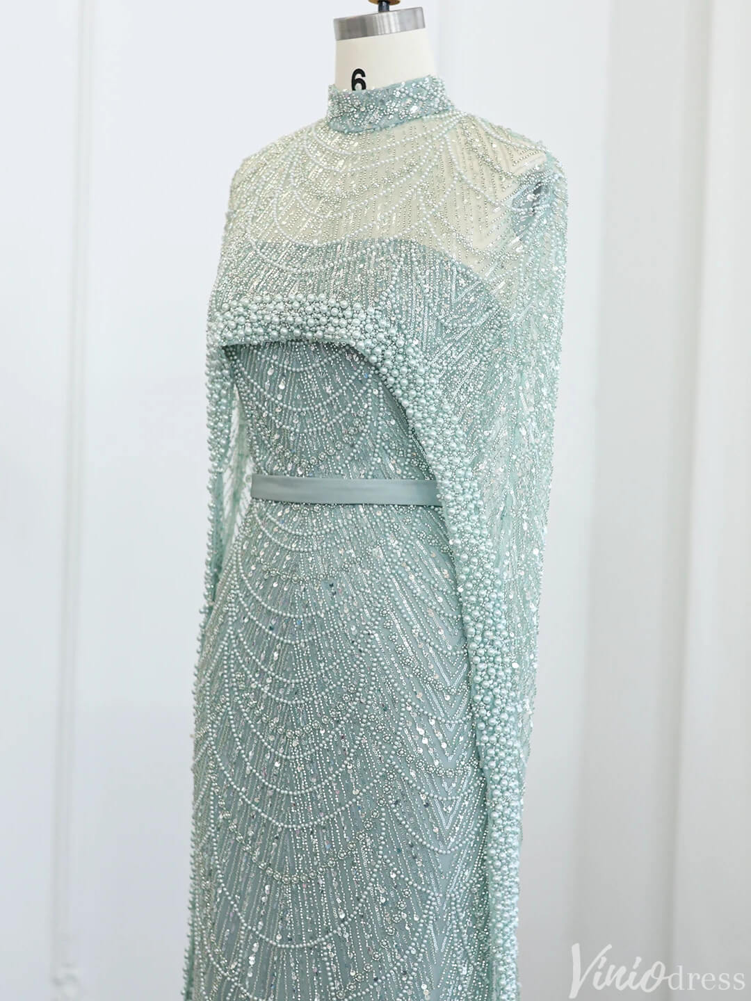 2 in 1 Beaded 20s Evening Gowns Gatsby Wedding Guest Dresses with Cape 20201-Evening Dresses 2025 -Viniodress-Sage-US 2-
