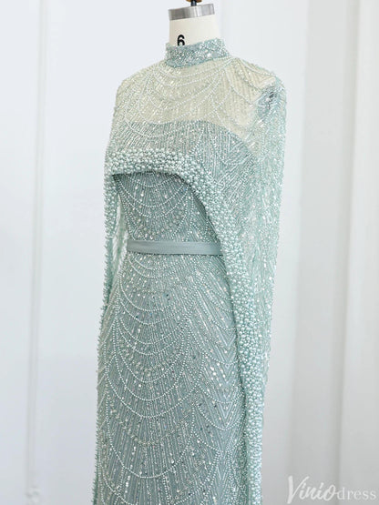 2 in 1 Beaded 20s Evening Gowns Gatsby Wedding Guest Dresses with Cape 20201-Evening Dresses 2025 -Viniodress-Sage-US 2-