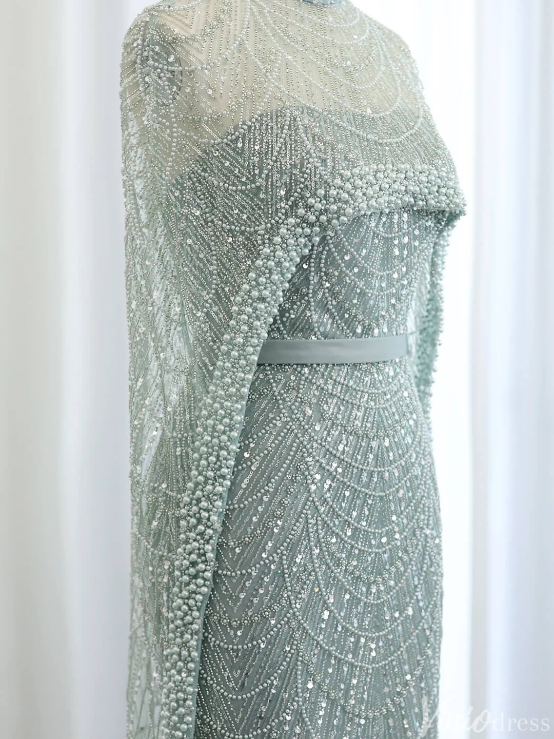 2 in 1 Beaded 20s Evening Gowns Gatsby Wedding Guest Dresses with Cape 20201-Evening Dresses 2025 -Viniodress-Sage-US 2-