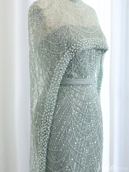 2 in 1 Beaded 20s Evening Gowns Gatsby Wedding Guest Dresses with Cape 20201-Evening Dresses 2025 -Viniodress-Sage-US 2-