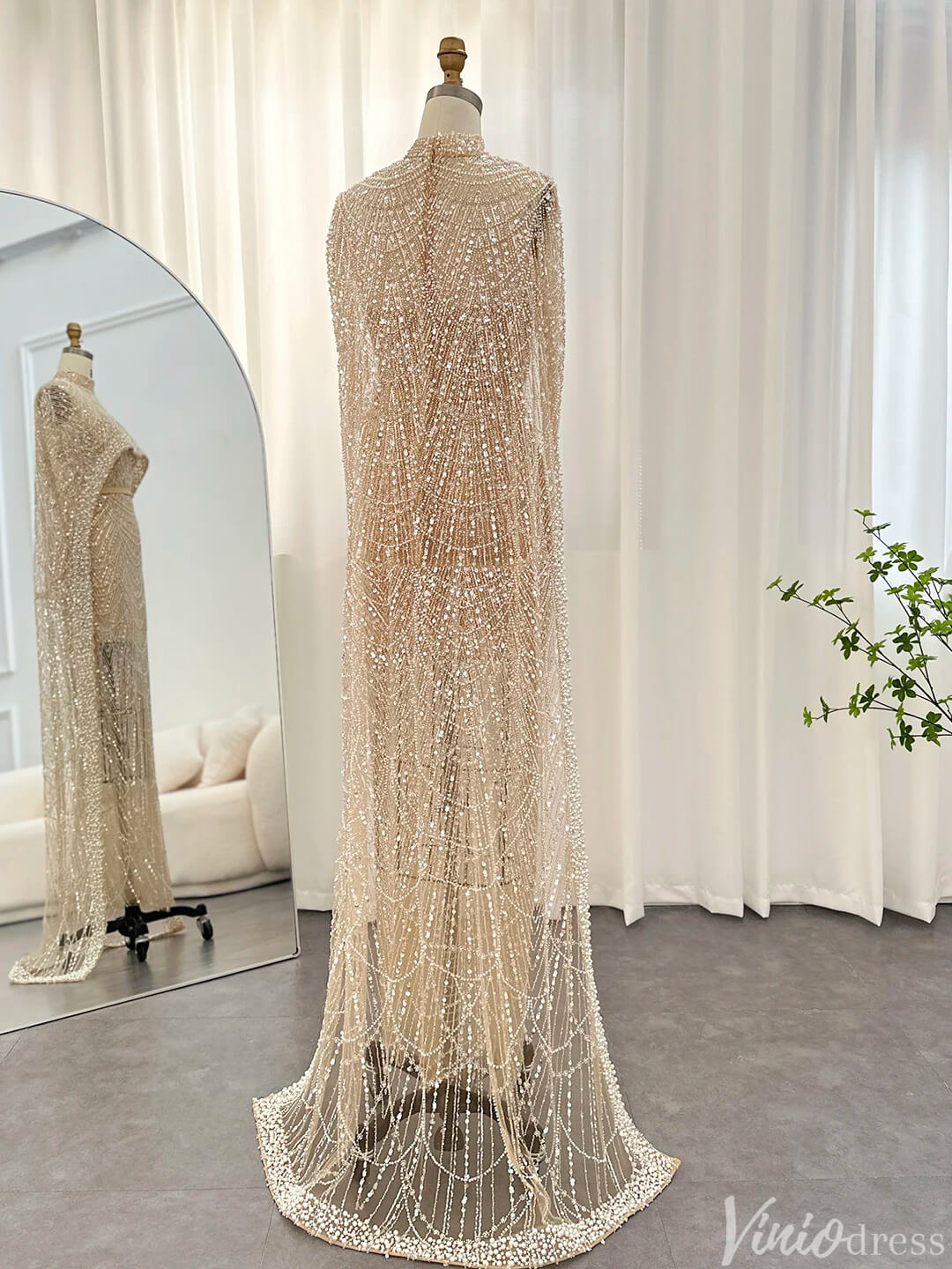 2 in 1 Beaded 20s Evening Gowns Gatsby Wedding Guest Dresses with Cape 20201-Evening Dresses 2025 -Viniodress-Sage-US 2-