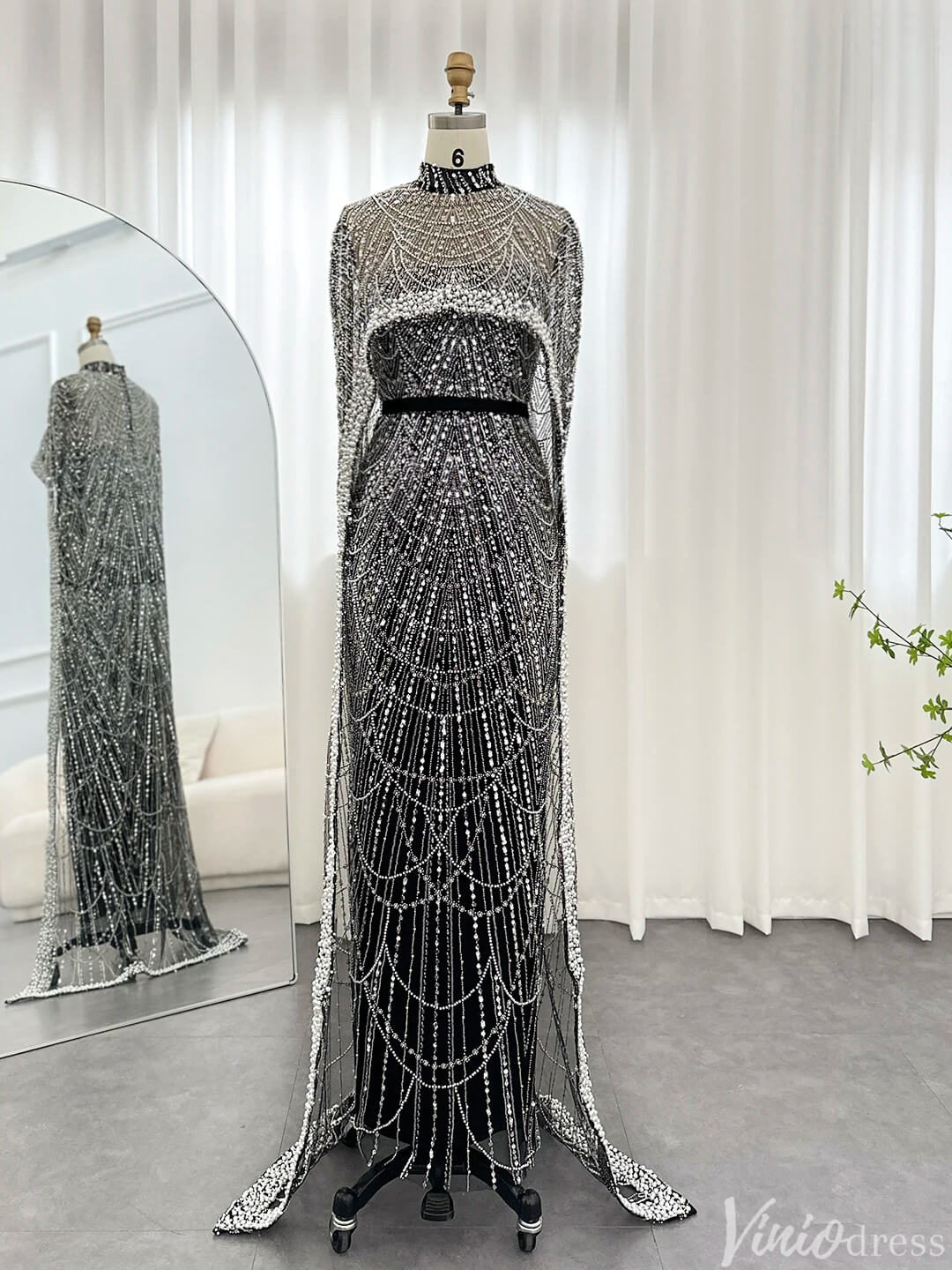 2 in 1 Beaded 20s Evening Gowns Gatsby Wedding Guest Dresses with Cape 20201-Evening Dresses 2025 -Viniodress-Sage-US 2-