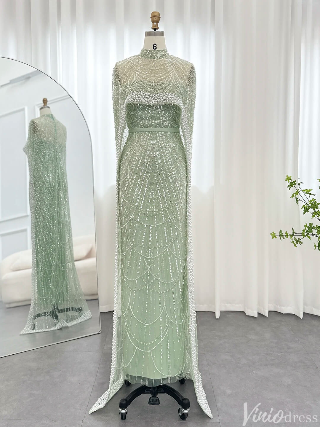 2 in 1 Beaded 20s Evening Gowns Gatsby Wedding Guest Dresses with Cape 20201-Evening Dresses 2025 -Viniodress-Sage-US 2-
