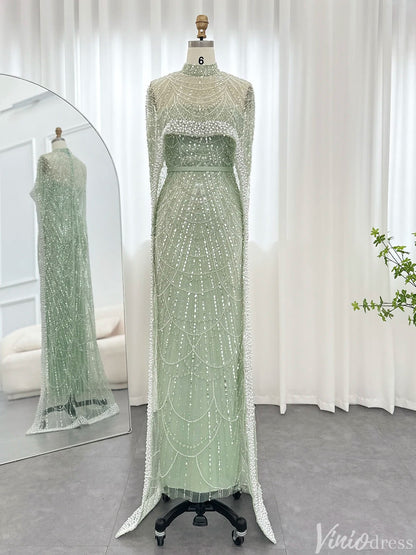 2 in 1 Beaded 20s Evening Gowns Gatsby Wedding Guest Dresses with Cape 20201-Evening Dresses 2025 -Viniodress-Sage-US 2-