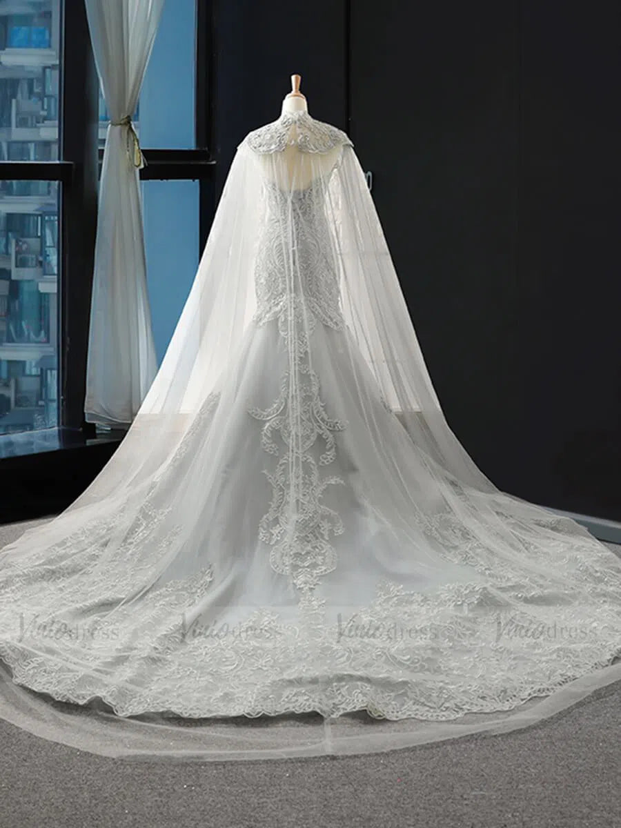 2 in 1 Cape Lace Wedding Dresses Plunging V Neck Mermaid Bridal Dress VW1017-wedding dresses 2025 -Viniodress-Ivory-Custom Size-