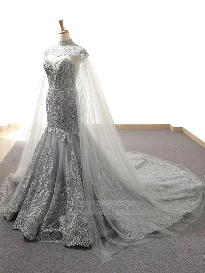 2 in 1 Cape Lace Wedding Dresses Plunging V Neck Mermaid Bridal Dress VW1017-wedding dresses 2025 -Viniodress-Ivory-Custom Size-