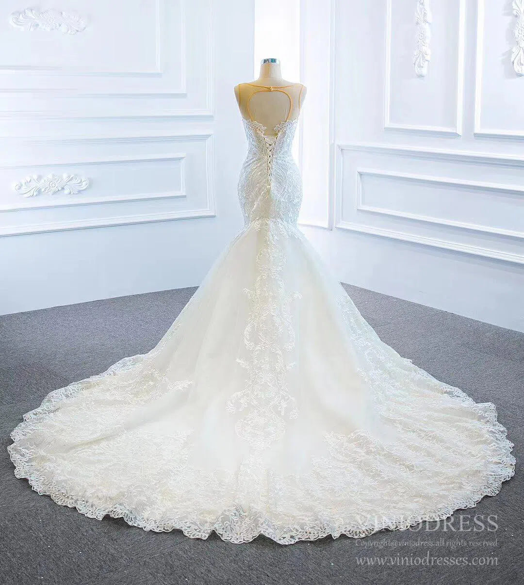 2 in 1 Cape Lace Wedding Dresses Plunging V Neck Mermaid Bridal Dress VW1017-wedding dresses 2025 -Viniodress-Ivory-Custom Size-