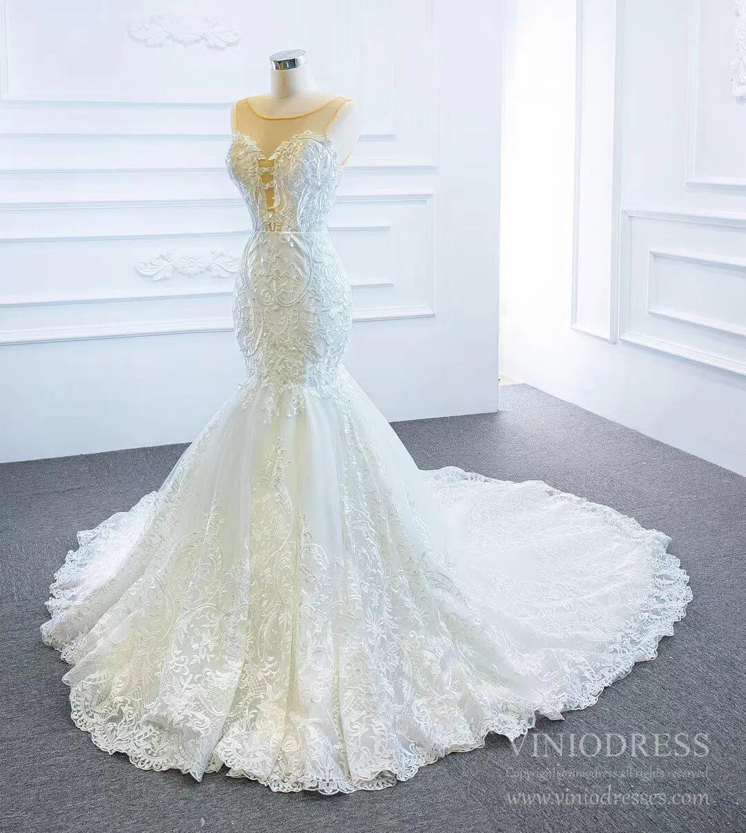 2 in 1 Cape Lace Wedding Dresses Plunging V Neck Mermaid Bridal Dress VW1017-wedding dresses 2025 -Viniodress-Ivory-Custom Size-