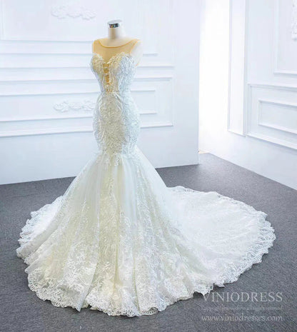 2 in 1 Cape Lace Wedding Dresses Plunging V Neck Mermaid Bridal Dress VW1017-wedding dresses 2025 -Viniodress-Ivory-Custom Size-