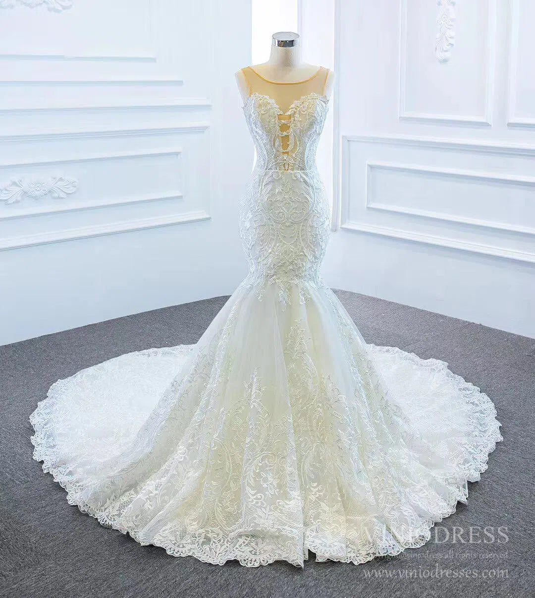 2 in 1 Cape Lace Wedding Dresses Plunging V Neck Mermaid Bridal Dress VW1017-wedding dresses 2025 -Viniodress-Ivory-Custom Size-