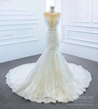 2 in 1 Cape Lace Wedding Dresses Plunging V Neck Mermaid Bridal Dress VW1017-wedding dresses 2025 -Viniodress-Ivory-Custom Size-