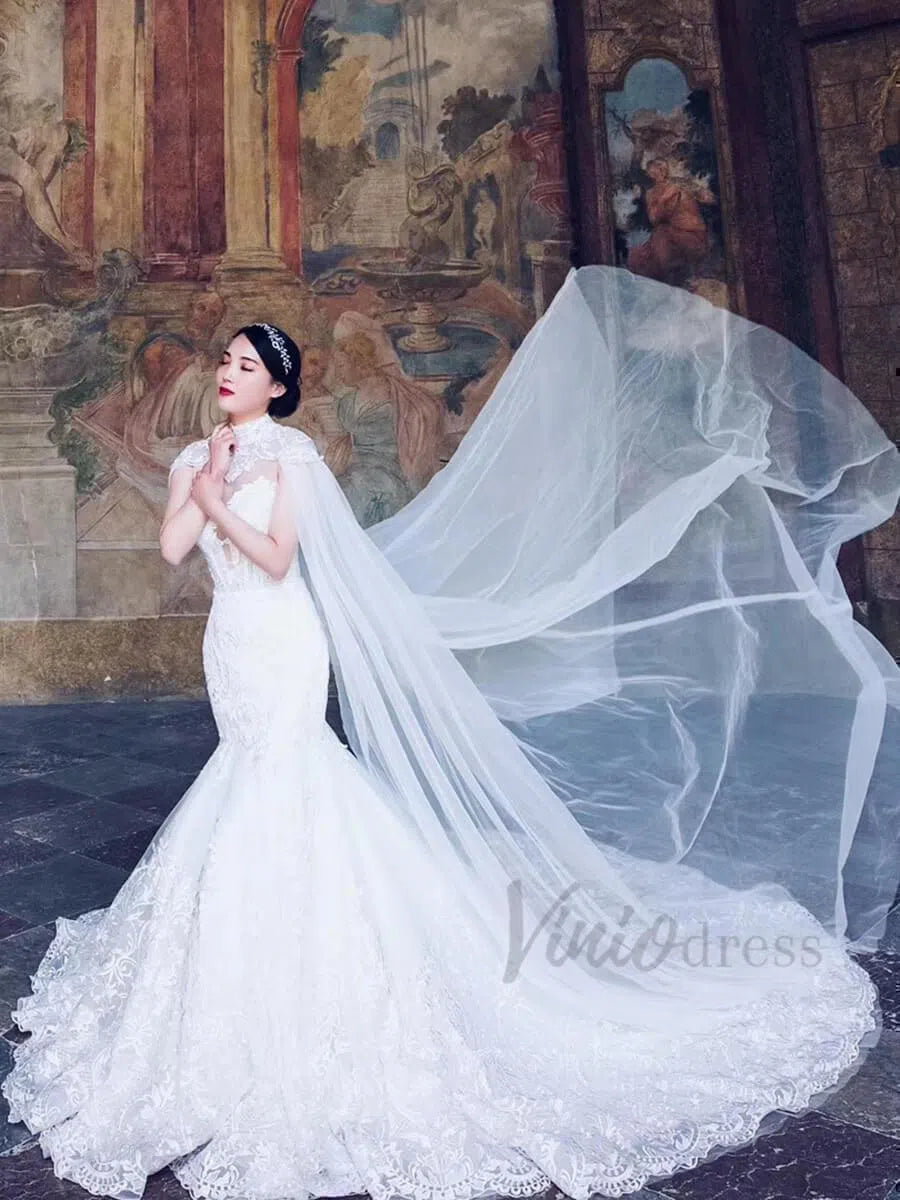 2 in 1 Cape Lace Wedding Dresses Plunging V Neck Mermaid Bridal Dress VW1017-wedding dresses 2025 -Viniodress-Ivory-Custom Size-