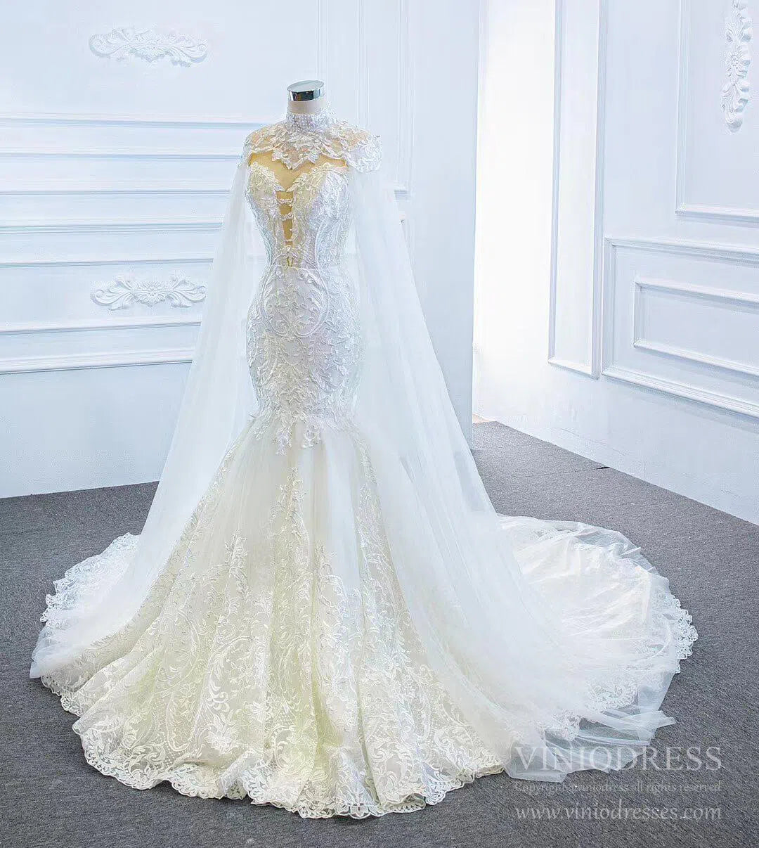 2 in 1 Cape Lace Wedding Dresses Plunging V Neck Mermaid Bridal Dress VW1017-wedding dresses 2025 -Viniodress-Ivory-Custom Size-