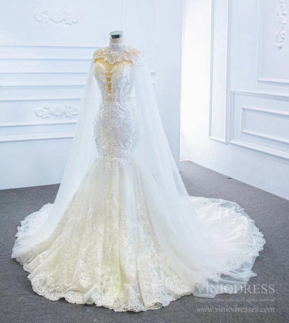 2 in 1 Cape Lace Wedding Dresses Plunging V Neck Mermaid Bridal Dress VW1017-wedding dresses 2025 -Viniodress-Ivory-Custom Size-