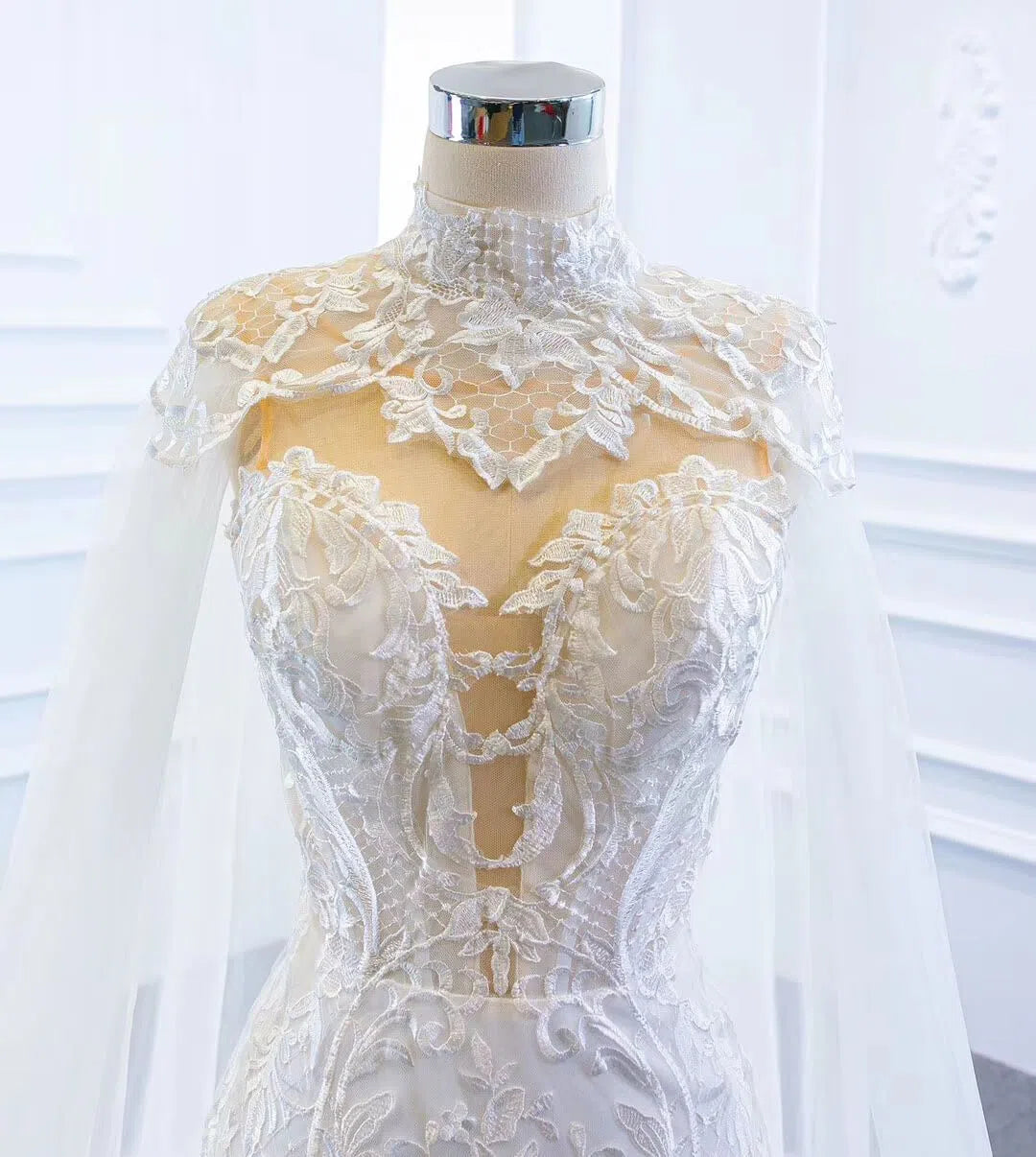 2 in 1 Cape Lace Wedding Dresses Plunging V Neck Mermaid Bridal Dress VW1017-wedding dresses 2025 -Viniodress-Ivory-Custom Size-