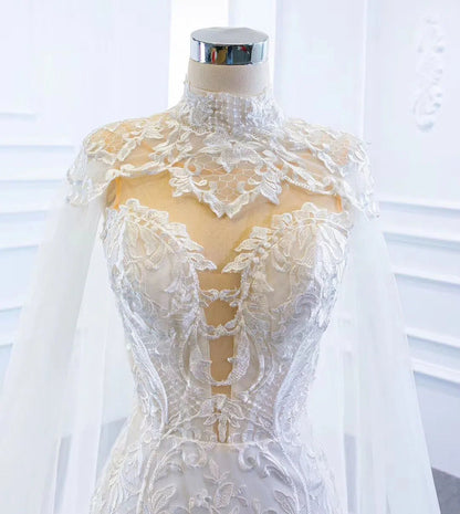 2 in 1 Cape Lace Wedding Dresses Plunging V Neck Mermaid Bridal Dress VW1017-wedding dresses 2025 -Viniodress-Ivory-Custom Size-