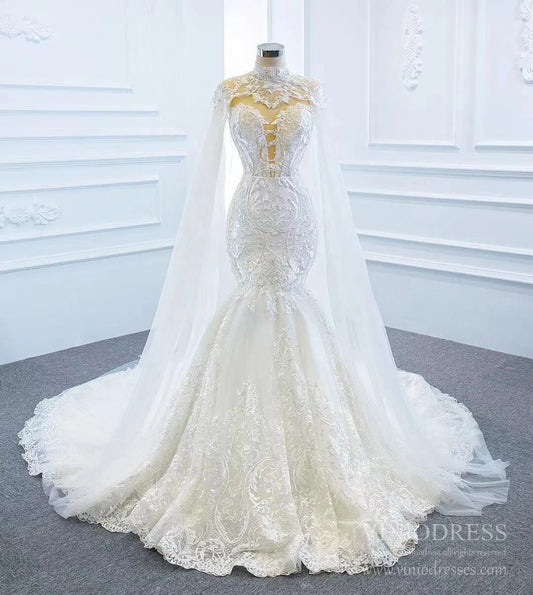 2 in 1 Cape Lace Wedding Dresses Plunging V Neck Mermaid Bridal Dress VW1017-wedding dresses 2025 -Viniodress-Ivory-Custom Size-