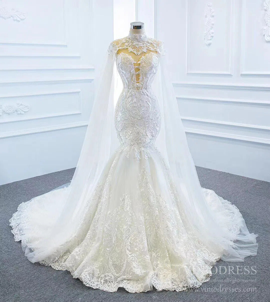 2 in 1 Cape Lace Wedding Dresses Plunging V Neck Mermaid Bridal Dress VW1017-wedding dresses 2025 -Viniodress-Ivory-Custom Size-