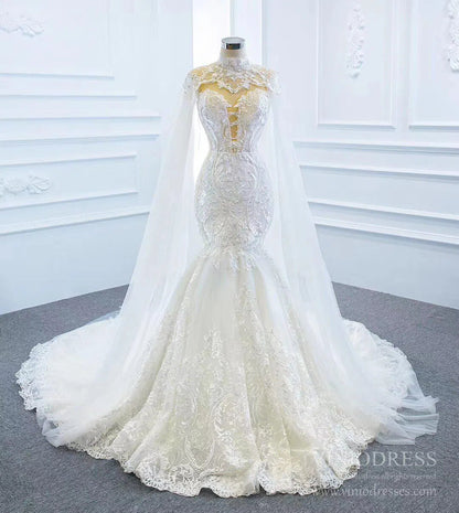 2 in 1 Cape Lace Wedding Dresses Plunging V Neck Mermaid Bridal Dress VW1017-wedding dresses 2025 -Viniodress-Ivory-Custom Size-