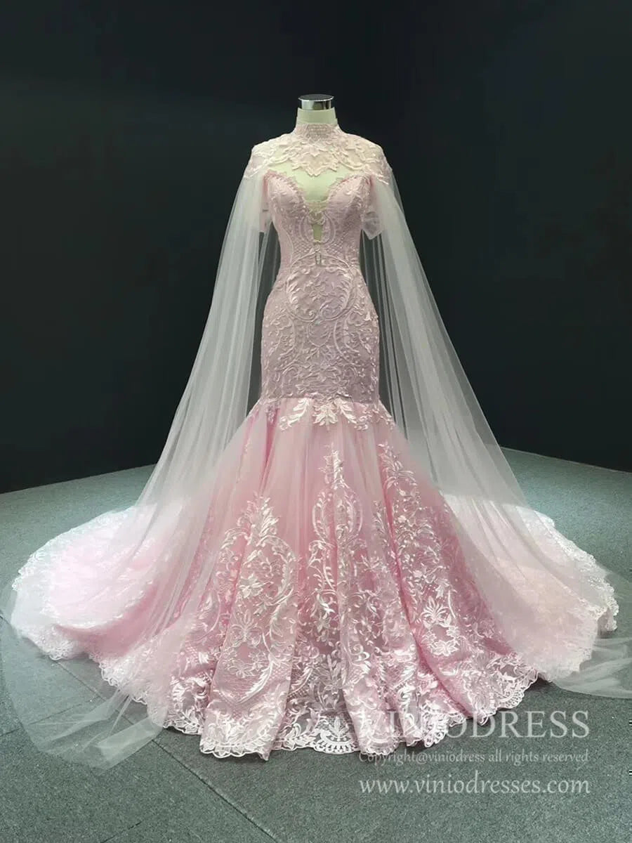 2 in 1 Cape Lace Wedding Dresses Plunging V Neck Mermaid Bridal Dress VW1017-wedding dresses 2025 -Viniodress-Pink-Custom Size-