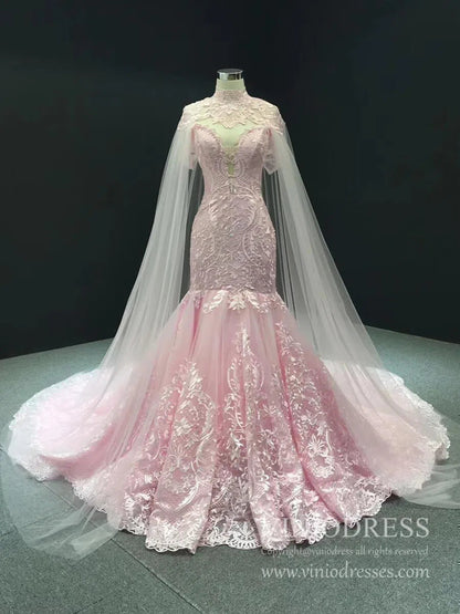 2 in 1 Cape Lace Wedding Dresses Plunging V Neck Mermaid Bridal Dress VW1017-wedding dresses 2025 -Viniodress-Pink-Custom Size-