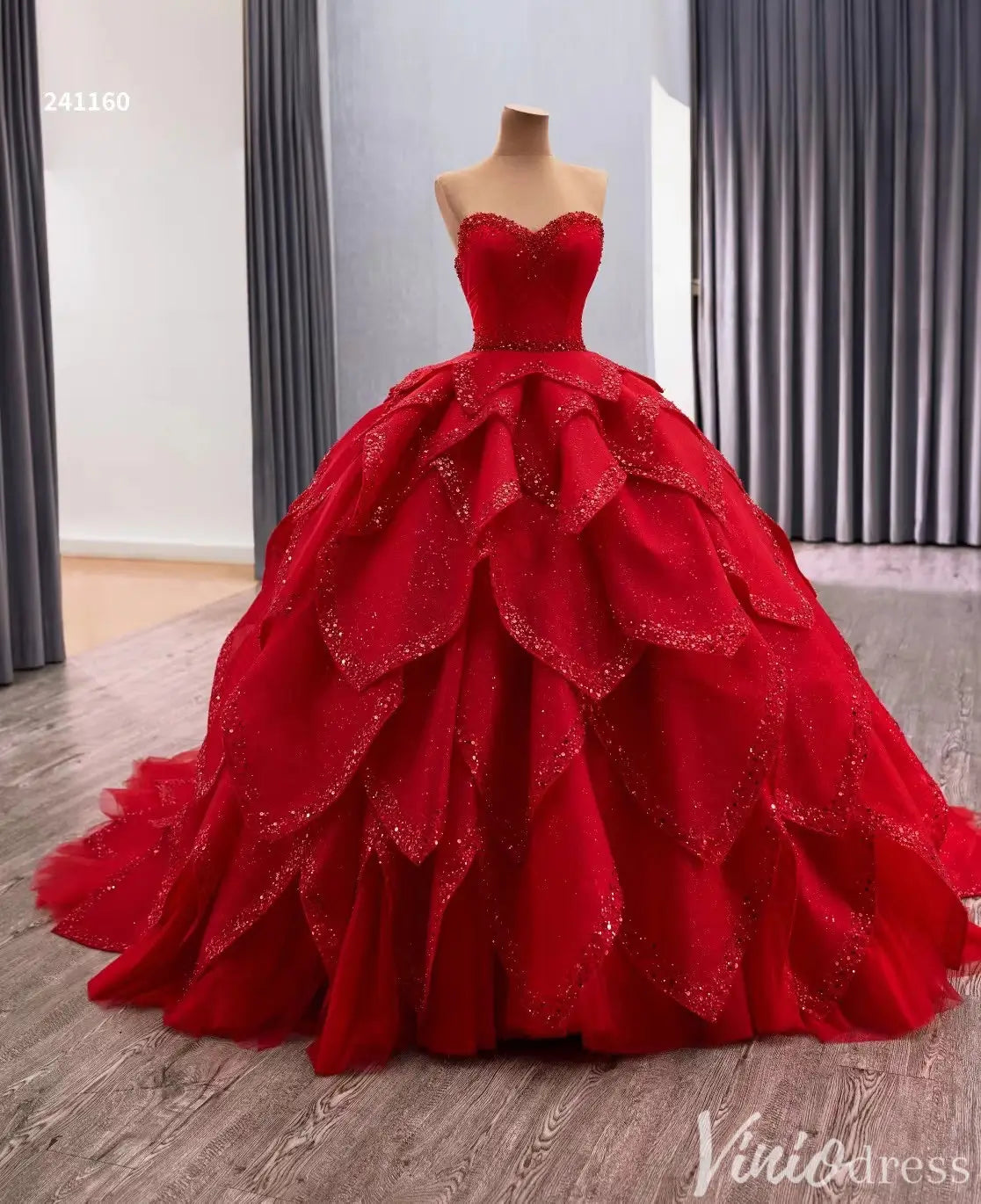 Convertible Quinceañera Dress with Removable Skirt – Sparkling Glitter & Leaf-Layered Design – Style 241160-Quinceanera Dresses 2025 -Viniodress-Red-Custom Size-
