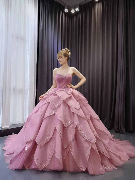 2 in 1 Convertible Quinceañera Dress with Removable Skirt – Sparkling Glitter & Petal-Layered Design – Style 241160-Quinceanera Dresses 2026-Viniodress-Pink-Custom Size-