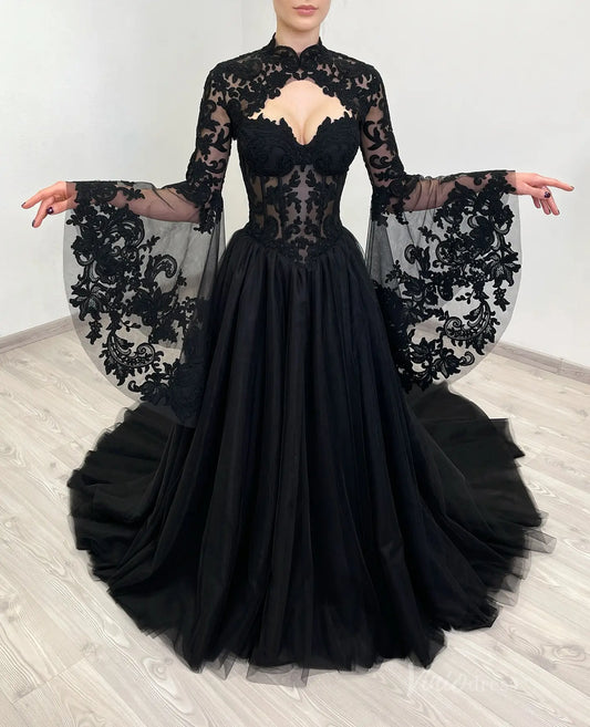 2-in-1 Gothic Black Wedding Dress | Mermaid or Tulle Ball Gown with Detachable Bell Sleeves BK108-wedding dresses 2025 -Viniodress-Gown-Black-Custom Size