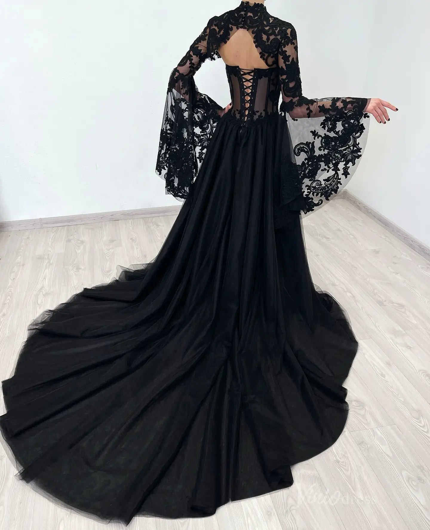 2-in-1 Gothic Black Wedding Dress | Mermaid or Tulle Ball Gown with Detachable Bell Sleeves BK108-wedding dresses 2025 -Viniodress-Gown-Black-Custom Size