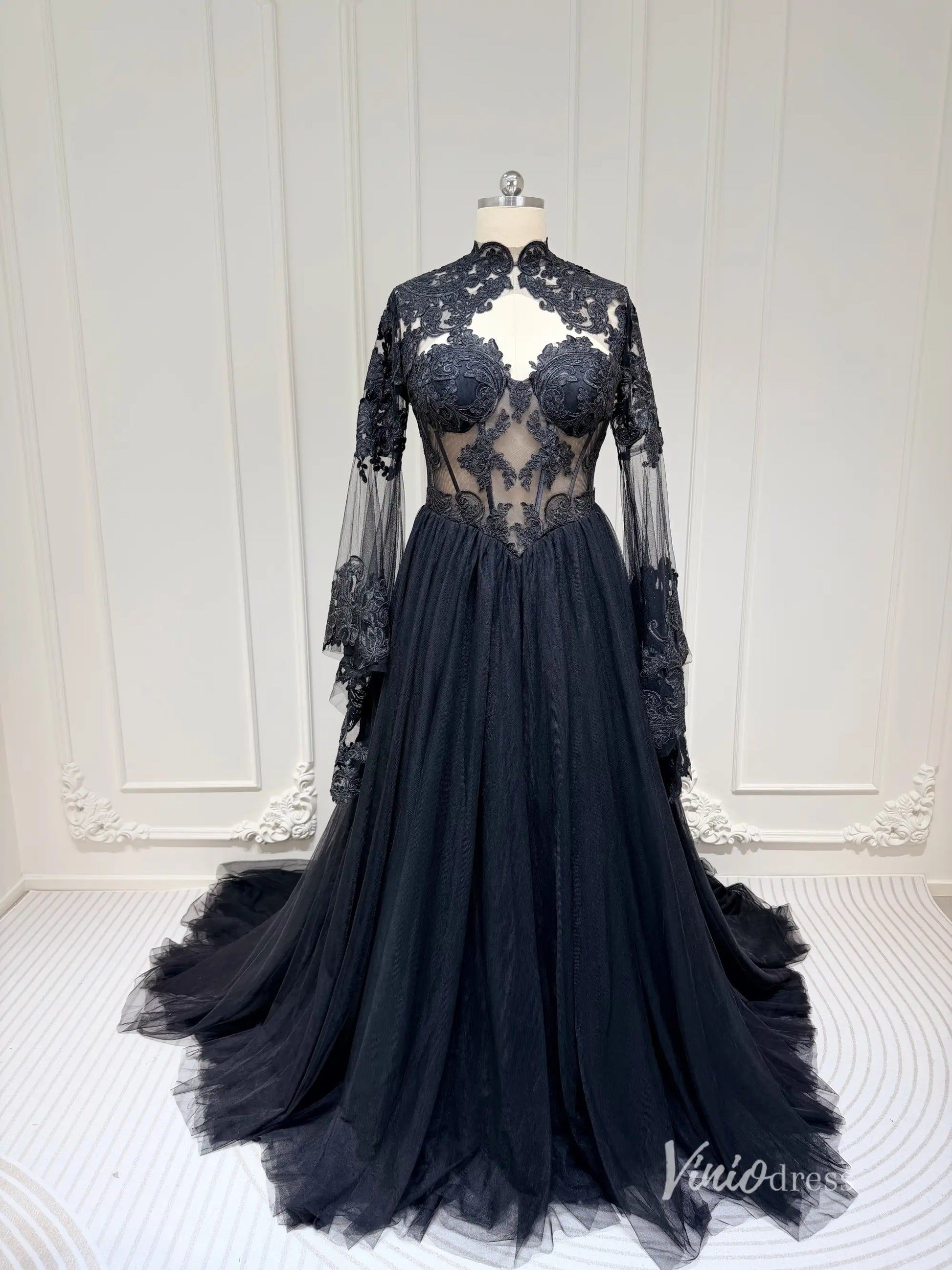 2-in-1 Gothic Black Wedding Dress | Mermaid or Tulle Ball Gown with Detachable Bell Sleeves BK108-wedding dresses 2025 -Viniodress-Gown-Black-Custom Size