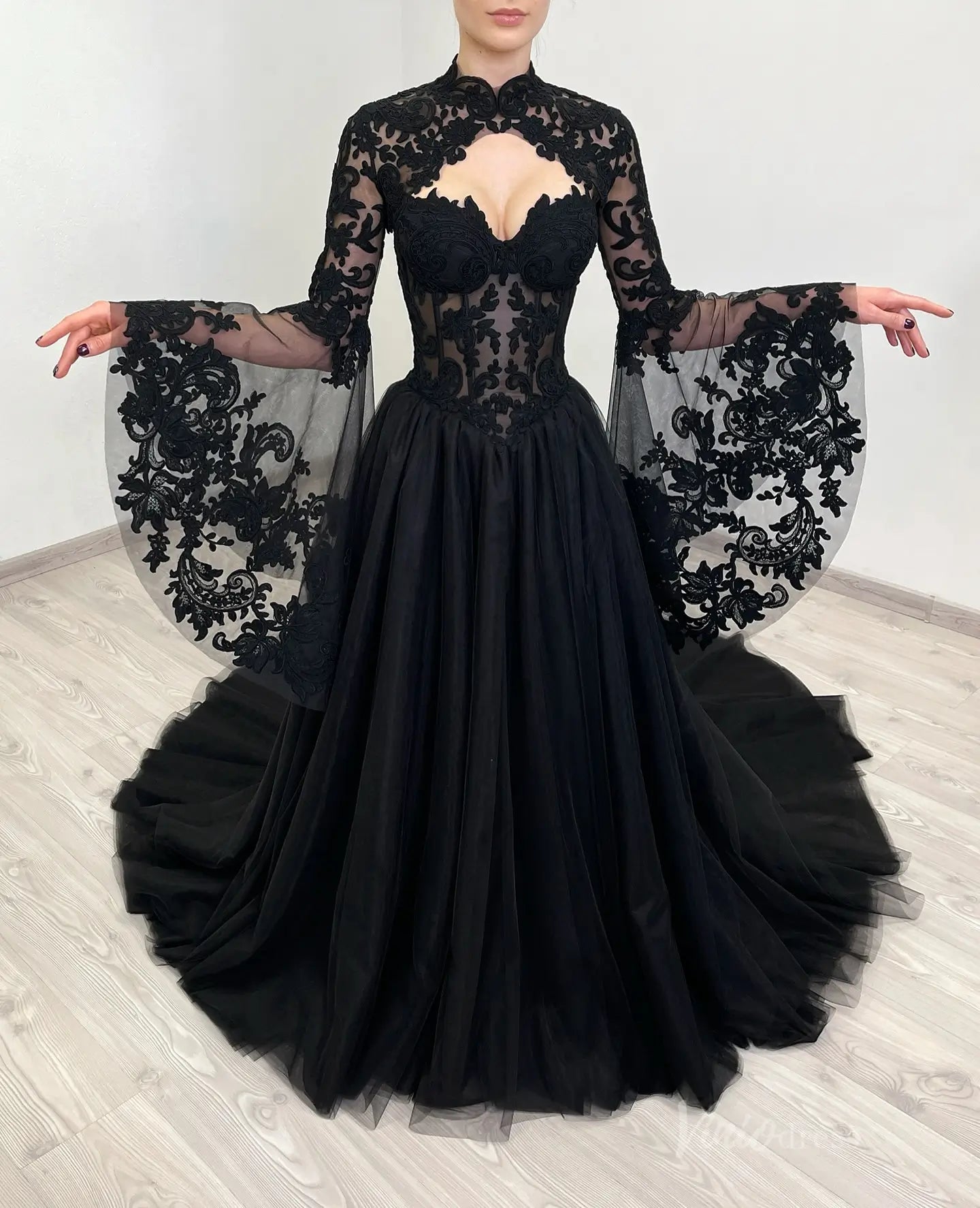 2-in-1 Gothic Black Wedding Dress | Mermaid or Tulle Ball Gown with Detachable Bell Sleeves BK108-wedding dresses 2025 -Viniodress-Gown-Black-Custom Size