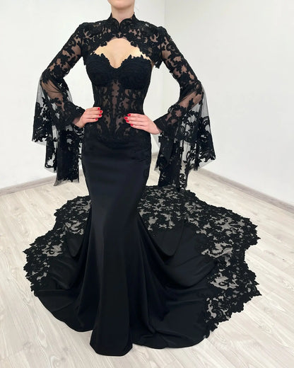 2-in-1 Gothic Black Wedding Dress | Mermaid or Tulle Ball Gown with Detachable Bell Sleeves BK108-wedding dresses 2025 -Viniodress-Gown-Black-Custom Size