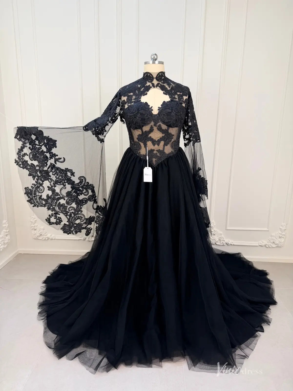 2-in-1 Gothic Black Wedding Dress | Tulle Ball Gown with Detachable Bell Sleeves BK108-wedding dresses 2026-Viniodress-Black-Custom Size – Add Measurements in Cart-