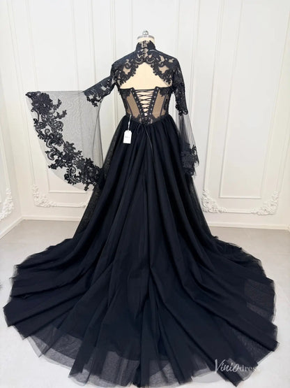 2-in-1 Gothic Black Wedding Dress | Tulle Ball Gown with Detachable Bell Sleeves BK108-wedding dresses 2026-Viniodress-Black-Custom Size – Add Measurements in Cart-