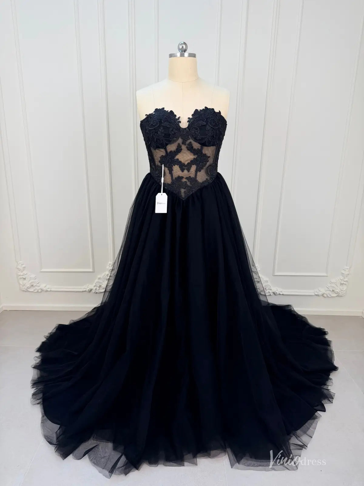 2-in-1 Gothic Black Wedding Dress | Tulle Ball Gown with Detachable Bell Sleeves BK108-wedding dresses 2026-Viniodress-Black-Custom Size – Add Measurements in Cart-